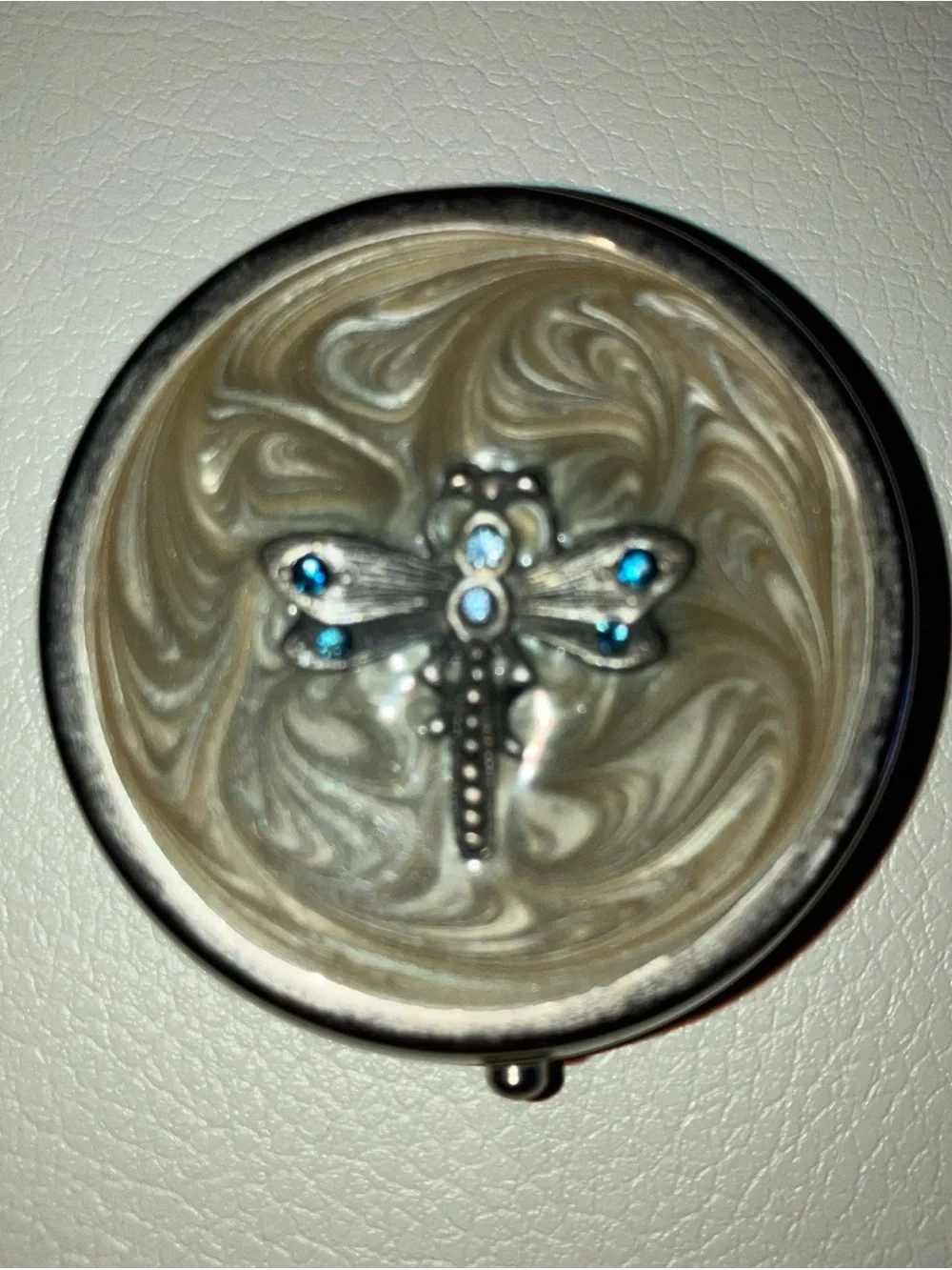 Dragonfly Accent Jewelry Pill Box - Silver and Cream Has Mirror